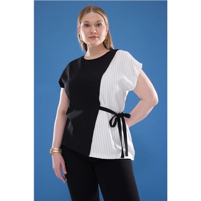 Trendyol Curve Siyah Bağlamalı Çizgili Kumaş Detaylı Örme Büyük Beden Bluz TBBSS25AF00086