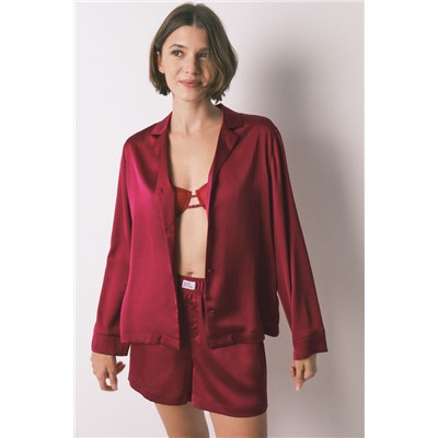 Pijama camisero corto satén rojo