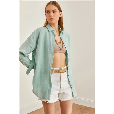 Olalook, Kadın Çağla Yeşili Oversize Basic Müslin Gömlek GML-19001217