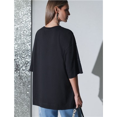 Футболка оверсайз с принтом стразами из премиального хлопка