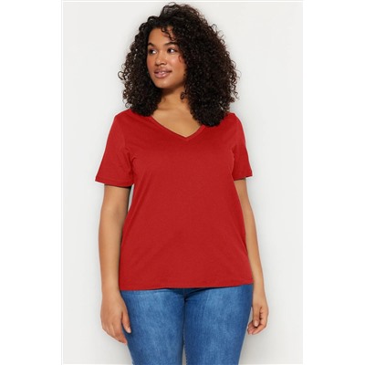 Kırmızı V Yaka Basic %100 Pamuk Örme T-Shirt TBBSS22BF0028