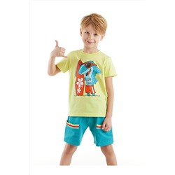 Denokids Surf Köpekbalığı Erkek Çocuk Sarı T-shirt Mavi Şort Yazlık Takım CFF-23Y1-041