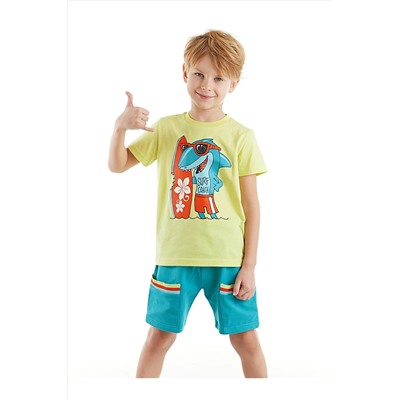 Denokids Surf Köpekbalığı Erkek Çocuk Sarı T-shirt Mavi Şort Yazlık Takım CFF-23Y1-041