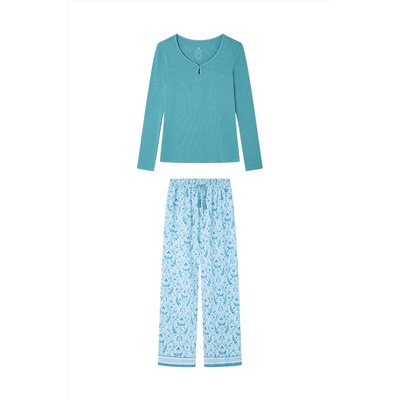 Pijama largo verde esmeralda flores