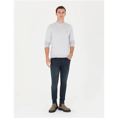 Krem Melanj Slim Fit Çeyrek Yaka Basic Triko Kazak