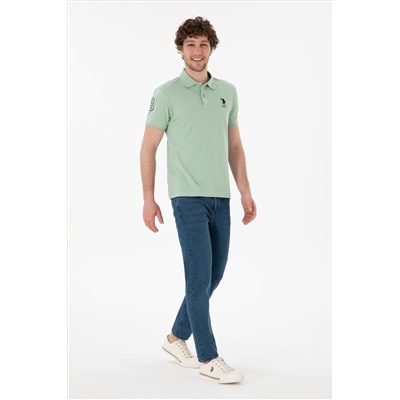 Erkek Slim Fit Polo Yaka Su Yeşili Basic Tişört
