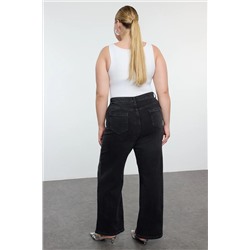 Antrasit Yüksek Bel Cepleri Taşlı Geniş Paça Büyük Beden Jeans