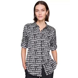KARL LAGERFELD PARIS Petite Logo Print Roll-Tab-Sleeves Button-Front Shirt, First@Macy's