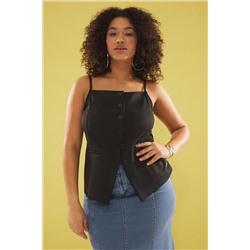 Siyah Askılı Havuz Yaka Düğmeli Krep Örme Büyük Beden Bluz TBBSS25AF00037