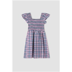 Kız Çocuk Regular Fit Kare Desenli Kare Yaka Gipeli Flanel Elbise