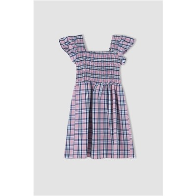 Kız Çocuk Regular Fit Kare Desenli Kare Yaka Gipeli Flanel Elbise