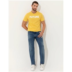 Sarı Slim Fit Baskılı Bisiklet Yaka Tişört