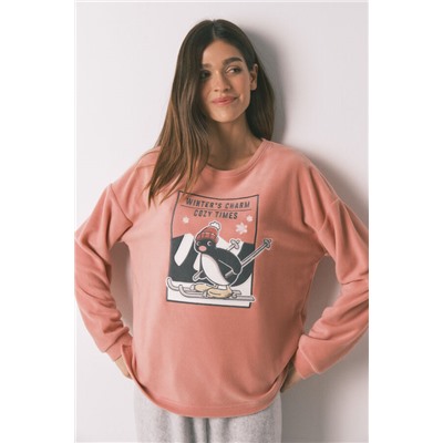 Pijama largo polar suave rosa y gris Pingu