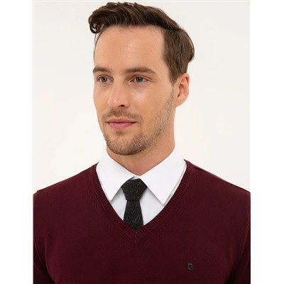 Bordo Slim Fit V Yaka Basic Triko Kazak