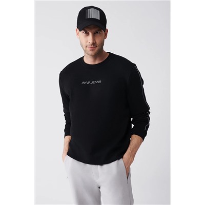 Avva Erkek Siyah Bisiklet Yaka Pamuklu Reflektör Biyeli Standart Fit Normal Kesim Sweatshirt A31y1290 A31Y1290