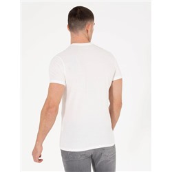 Ekru Slim Fit Baskılı Bisiklet Yaka Tişört