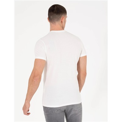 Ekru Slim Fit Baskılı Bisiklet Yaka Tişört