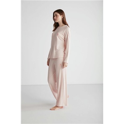 U.S. Polo Assn. Kadın Pamuklu Pembe İspanyol Geniş Paça Yuvarlak Yaka 2'li Pijama Takımı 26954