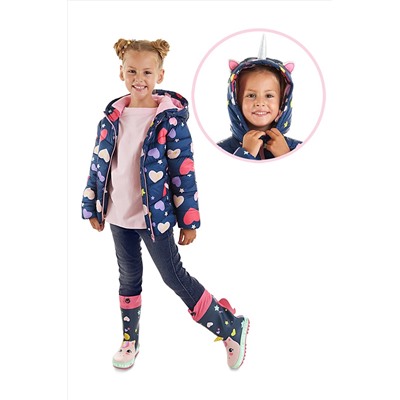 Denokids Unicorn Kız Çocuk Su İtici Kapüşonlu Şişme Mont Lacivert CFF-23S1-087