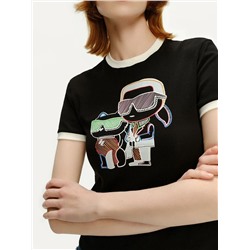 Футболка с рисунком злодея и кота контрастного цвета с круглым вырезом KARL LAGERFEL*D ОРИГИНАЛ!