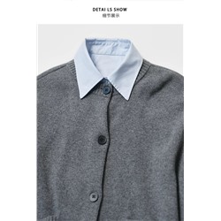 Женский шерстяной кардиган с эффектом многослойности (съёмные манжеты и воротник с застёжкой планкой рубашки)  MO&C*o ОРИГИНАЛ!