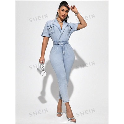 SHEIN SXY Women'S Short Sleeve Wrap Neck Denim Jumpsuit
