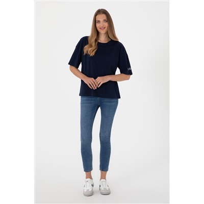 Kadın Lacivert Oversize Bisiklet Yaka Tişört