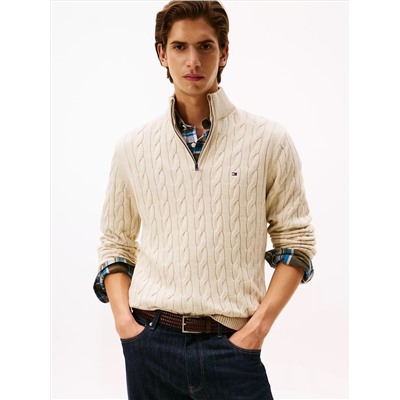 Cable Knit Mockneck Quarter-Zip Sweater