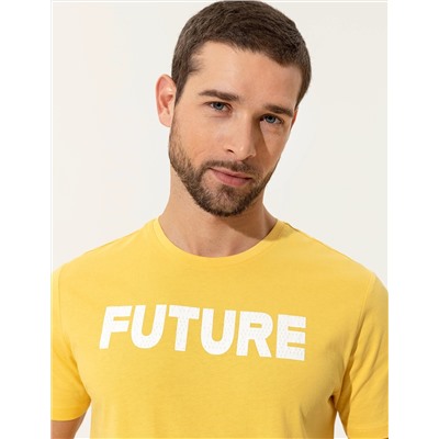 Sarı Slim Fit Baskılı Bisiklet Yaka Tişört