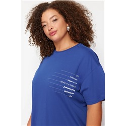 Mavi Bisiklet Yaka slogan Baskılı %100 Pamuk Örme Büyük Beden T-shirt Elbise TBBSS23AH00162
