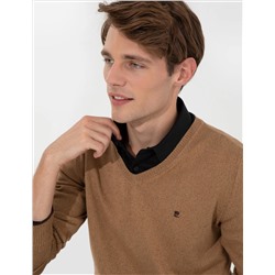 Camel Melanj Slim Fit V Yaka Basic Triko Kazak