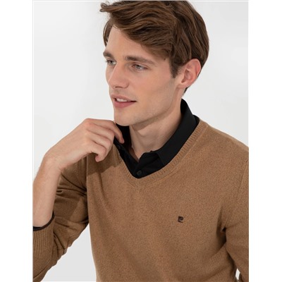 Camel Melanj Slim Fit V Yaka Basic Triko Kazak