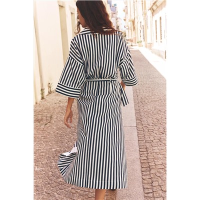 STRIPED LINEN BLEND MIDI DRESS