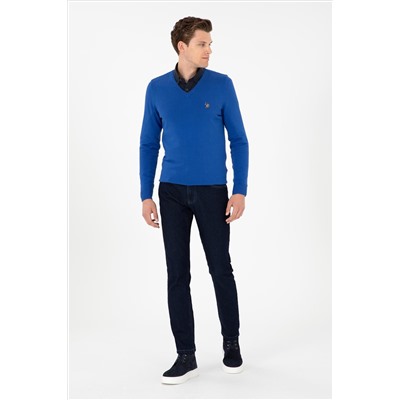 Erkek Slim Fit V Yaka Saks Basic Kazak