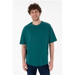 Erkek Long Fit Bisiklet Yaka Koyu Yeşil Basic Tişört