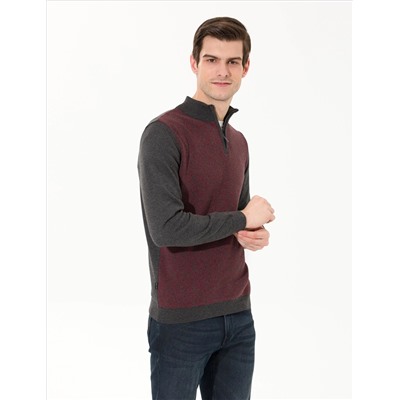 Gri Melanj Slim Fit Fermuarlı Dik Yaka Triko Kazak