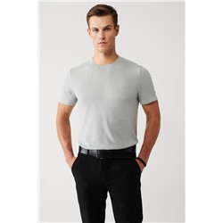 Gri Bisiklet Yaka Pamuklu Regular Fit Standart Kesim İnce Triko T-Shirt