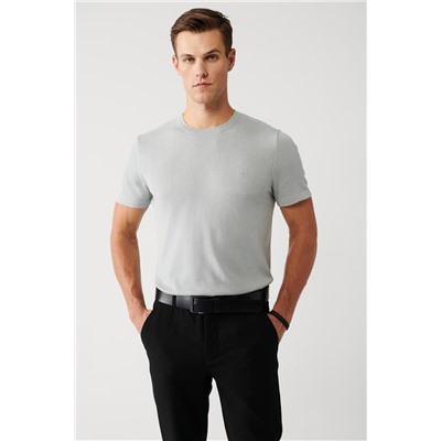 Gri Bisiklet Yaka Pamuklu Regular Fit Standart Kesim İnce Triko T-Shirt