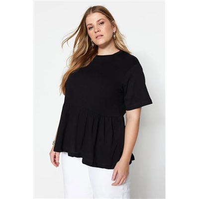Trendyol Curve Siyah Bisiklet Yaka Geniş Kalıp %100 Pamuk Örme T-Shirt TBBSS22TS2094