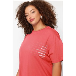 Pembe Bisiklet Yaka slogan Baskılı %100 Pamuk Örme Büyük Beden T-shirt Elbise TBBSS23AH00162