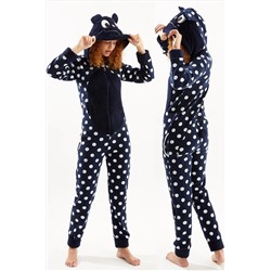 Ecrou Kadın Lacivert Tavşan Puantiyeli Arkası Fermuarlı Polar Tulum Kapüşonlu Pijama Takımı MM0000338
