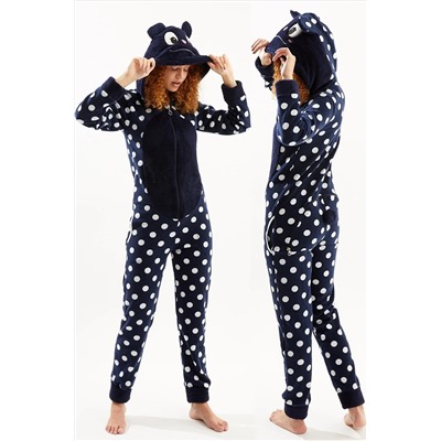 Ecrou Kadın Lacivert Tavşan Puantiyeli Arkası Fermuarlı Polar Tulum Kapüşonlu Pijama Takımı MM0000338