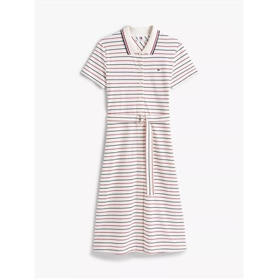 Belted Stretch Pique Polo Midi Dress