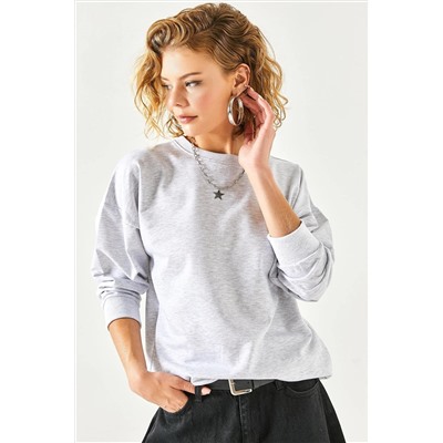 Olalook Kadın Gri Melanj Basic Yumuşak Dokulu Salaş Sweatshirt SWT-19000457