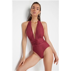 TRENDYOLMİLLA Bordo Derin Dekolteli Büzgülü Regular Mayo TBESS22MA0100