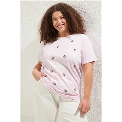 Pembe Boyfriend Çiçek Nakış Detaylı %100 Pamuk Örme Büyük Beden T-shirt TBBSS24BF00029