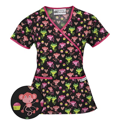 UA Sweet Monkey Black Mock Wrap Scrub Top