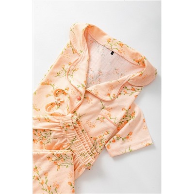 Turuncu Çiçek Desenli Biyeli Gömlek Yaka Dokulu Örme Pijama Takımı TBBAW26AI00039