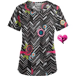 UA Chevron Flower Black Sweetheart Neck Scrub Top