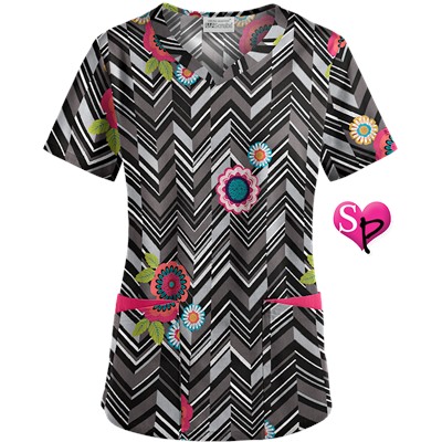 UA Chevron Flower Black Sweetheart Neck Scrub Top